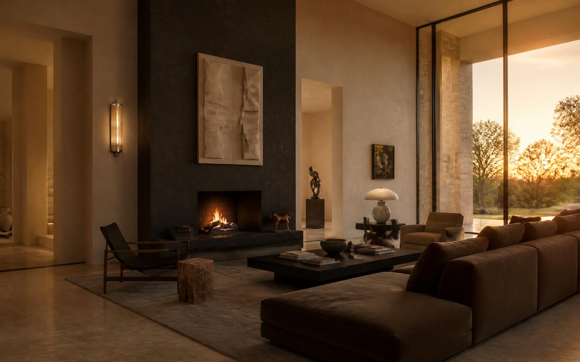 Contemporary living room with charcoal stone fireplace at dusk